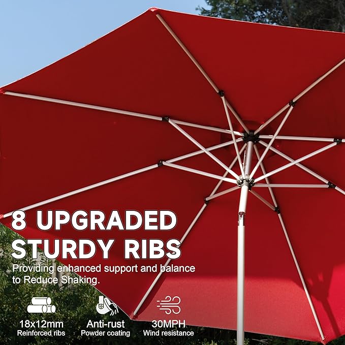 Domi 10FT Patio Umbrella Outdoor Market Umbrella with Silver Aluminum Pole, UV Resistant Canopy, Wind Vent, Tilt & Crank System, Perfect for Patio, Garden, Deck, Pool, Outdoor Dining, Red