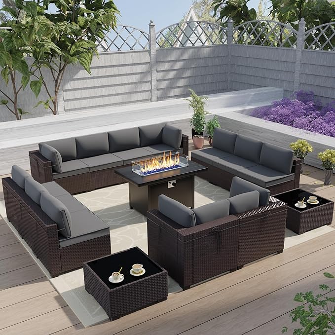 Outdoor Terrace Furniture Set, 15 Piece Outdoor Furniture Set, with 43 inch Aluminum 55000 BTU Propane fire Pit, PE Willow Vine Terrace Dialogue Set - Grey.