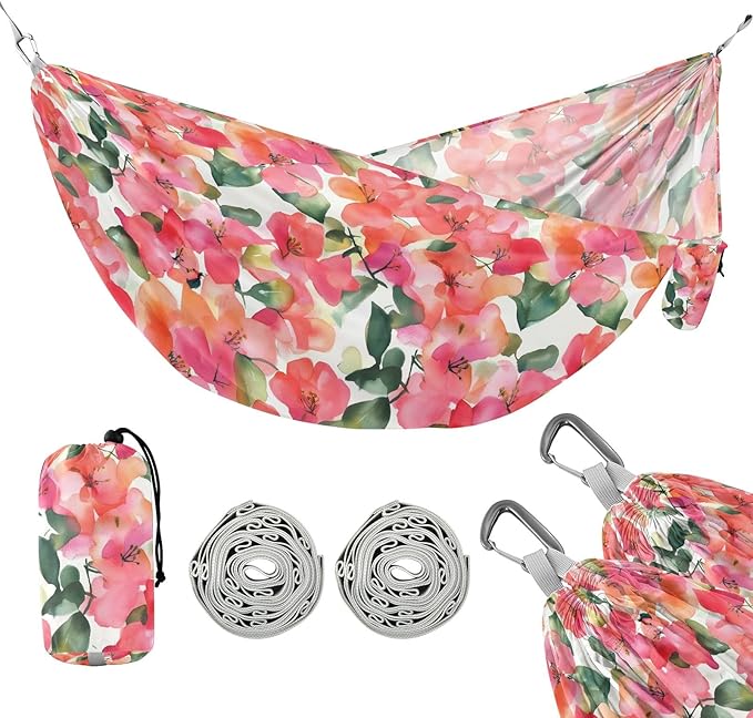 Camping Hammock Outdoor Hammocks for Outside Orange Bougainvillea Flowers Beach Trees Portable Lightweight with Pockets Tree Straps Indoor