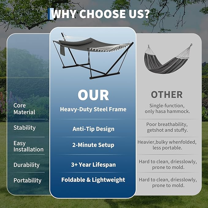 2 Person Double Hammock with Stand & Pillow, 450 LBS Heavy Duty Outdoor Hammock with Balance Rope for Patio Backyard Poolside