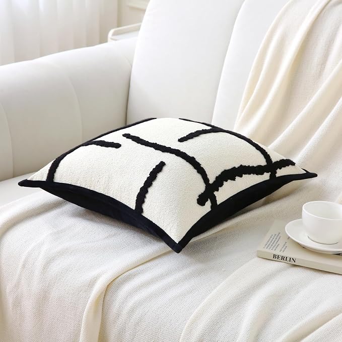 Boho Decorative Throw Pillows with Inserts, 18" x 18" Soft Tufted Modern Chenille Pillow, Pillows for Home, Patio, Couch, Bedroom, Living Room (Black Lines - Cream White Background)