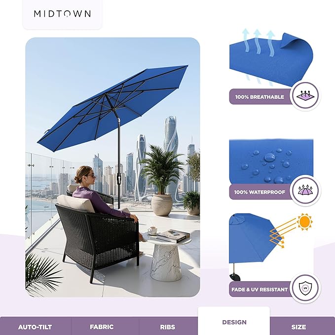 Midtown Umbrellas – The Swilt 9 Ft Patio Umbrella with 360° Swivel & Tilt Mechanism, Sunbrella Fabric & 8 Fiberglass Ribs – Outdoor Umbrella for Deck, Pool & Cafes – Dark Blue Canopy, Black Pole