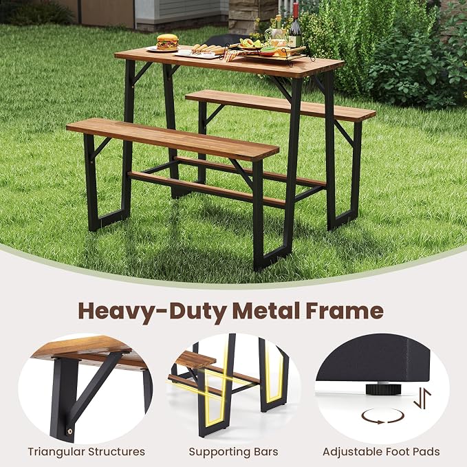 Giantex 4.5FT Picnic Table Bench Set for 4, Acacia Wood Outdoor Dining Table Set, 2" Umbrella Hole, Heavy Duty Metal Frame, Footrest Bar, Large Rectangular Tabletop for Porch Patio Lawn Garden