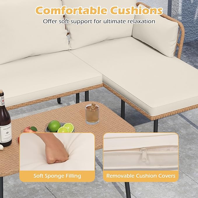 Tangkula 3 Pieces L-Shaped Patio Furniture Set, Outdoor Sectional Cushioned Sofa with Coffee Table, Removable Cushions, Boho Rattan Outdoor Conversation Set for Backyard Porch Balcony (White)