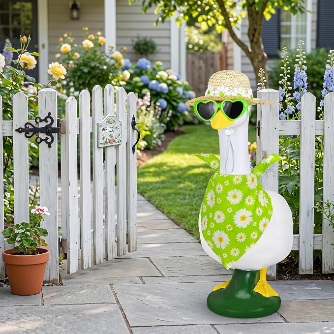 Summer Spring Porch Goose Outfit, Daisy Flower Goose Outfit Clothes for 17/23" Lawn Geese Statue for Garden Yard Decor (Yellow) (Green)