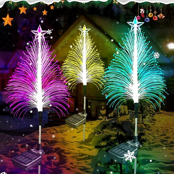 3Pack 30inch Solar Christmas Tree Light Outdoor Waterproof Festival Decorations, 7 Color RGB Pathway Garden Stake Lights for Yard Lawn Porch Grave Cemetery Holiday Decor (Tangle-Free Installation)