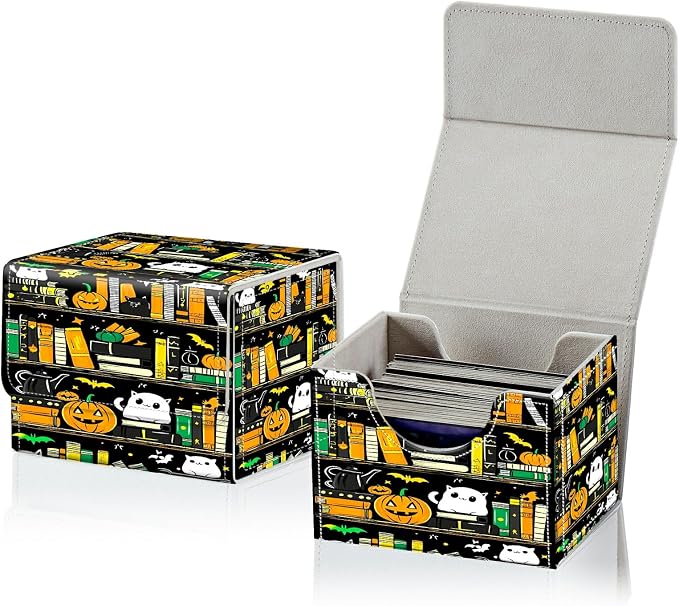 Card Deck Box for MTG, Cards Storage Box Fits 120+ Sleeved, Leather Small Size Strong Magnetic Closing Card Case for Board Games Magic TCG CCG Baseball Collection, Pumpkin Books