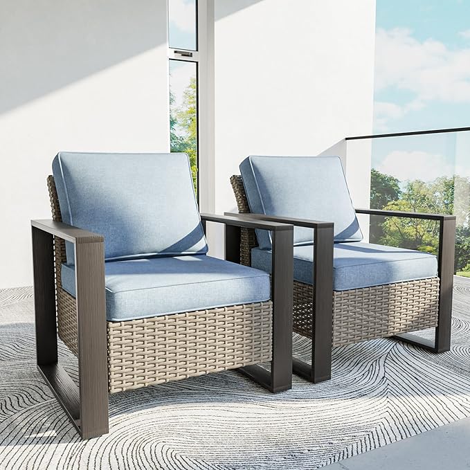 Patio Chairs Set of 2, Outdoor Wicker Chair Metal Patio Furniture with Deep Seating, Thicken Cushions for Deck, Porch, Yard Use (Azure, 2 PCS/Chairs)