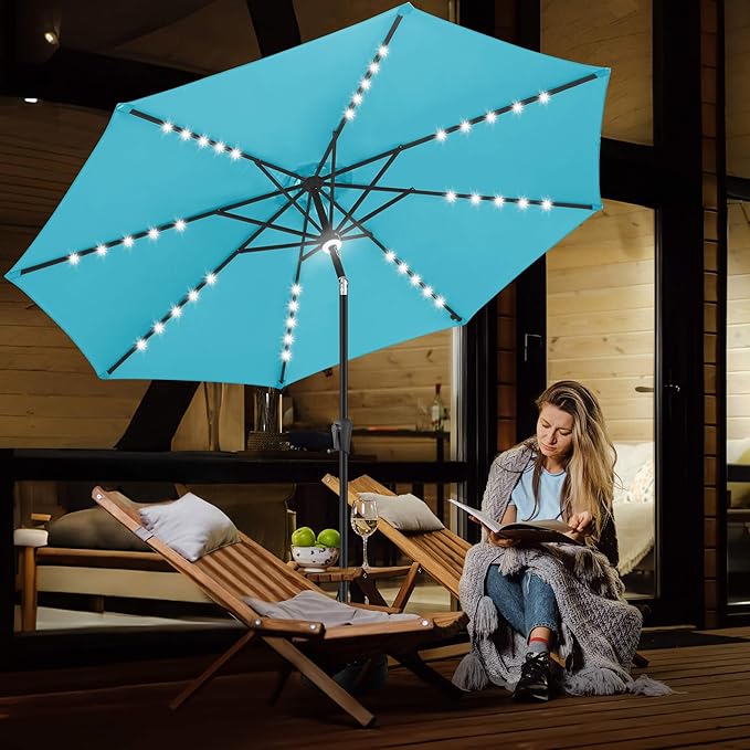 FLAME&SHADE 9 ft Patio Umbrella with Solar Lights, 40 LED Lighted Table Outdoor Umbrella for Deck, Pool, Porch, Backyard, Market, Garden, 8 Sturdy Ribs, UV Protection, Aqua Blue