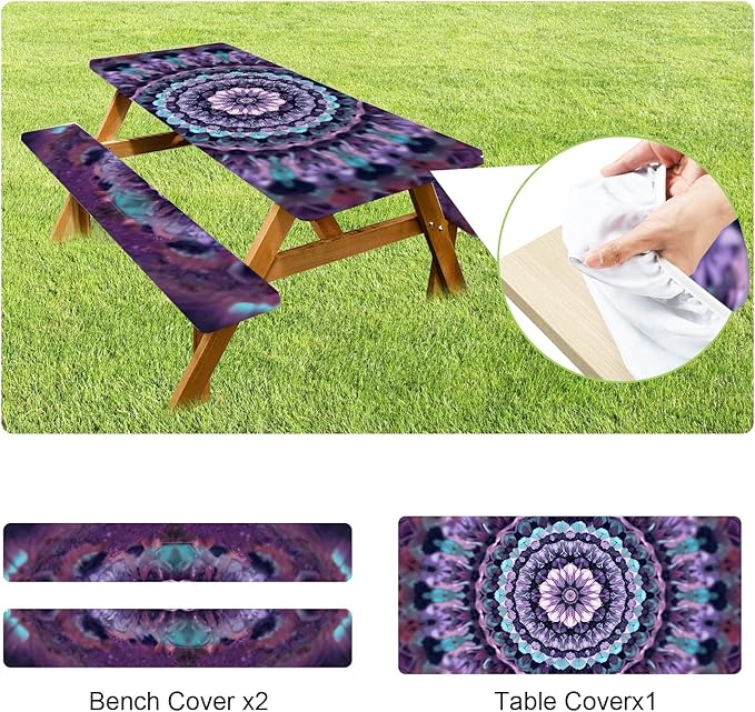 ANNA QUEEN Mandala Picnic Table Cover Set, 6FT Boho Purple Waterproof Tablecloth & Bench Covers 3PCS 72"x30" for Camping Garden Patio Festivals Retreats