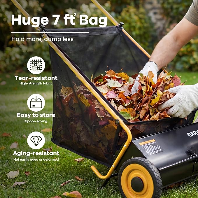Garvee Push Lawn Sweeper, 26 in Leaf & Grass Collector with 7 Cu. ft. Hopper Bag, 4 Spinning PP Brushes, Durable Steel Construction, Adjustable Height & Rubber Tires for Leaves Grass Cleanup