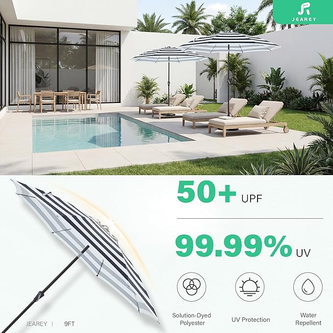 JEAREY 9FT Outdoor Patio Umbrella, Market Table Umbrella with 8 Fiberglass Ribs, Pool Umbrella with Tilt and Crank, UV Protection Lightweight & Wind-Resistant for Lawn, Garden, Deck and Backyard, Black-White Stripe