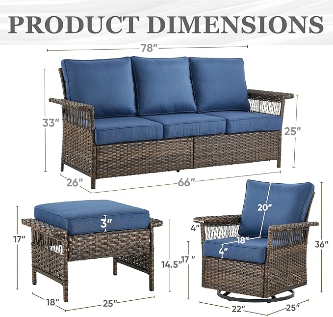 Patio Furniture Set 2 Wicker Swivel Glider Chairs 2 PE Rattan Ottomans with Patio PE Rattan Sofa Brown Wicker Blue Cushions Patio Conversation Set 5pcs for Garden Balcony Backyard