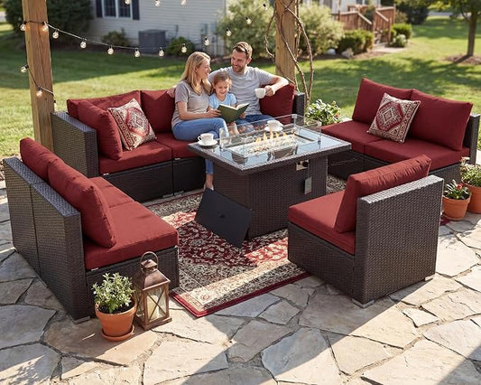 NICESOUL 9 Pcs Large Patio Furniture Set with Fire Pit Propane/Natural Gas, 29.3'' High Back Wicker Outdoor Sectional for 8 People, Modular Deep Sofa Conversation Sets, Brown Rattan and Red Cushion