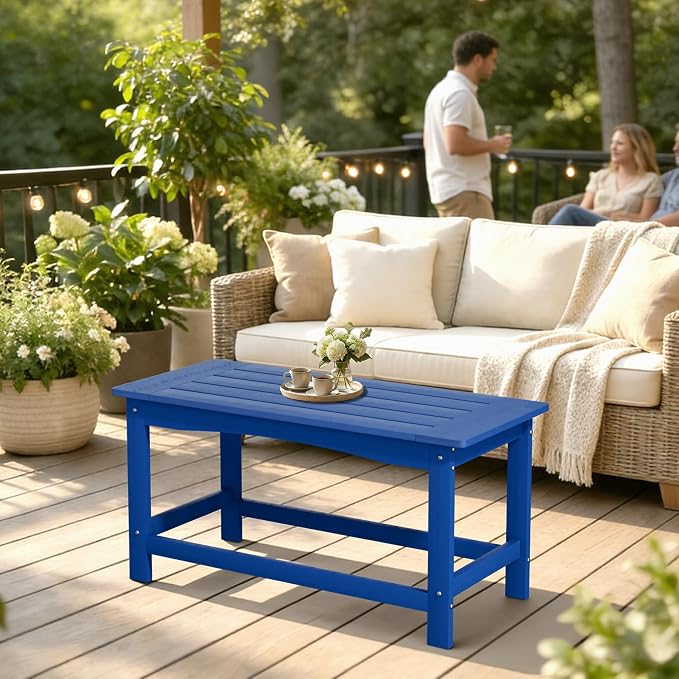 Blue Outdoor Coffee Table for Patio 35.4 x 17.5 x 16.1 Poly Lumber | 250 lb All-Weather HIPS Rectangle Patio Coffee Table, Stainless Steel Hardware, 1-Year Warranty for Deck Porch Poolside
