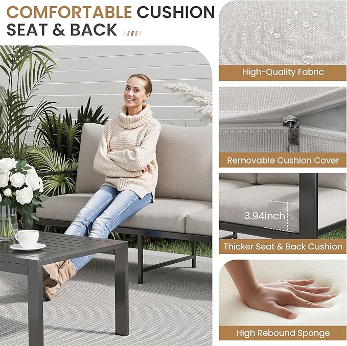 4-Piece Aluminum Patio Conversation Sets All-Weather Sectional Outdoor Furniture Set with Coffee Table & Cushions with Removable Covers for for Backyard, Garden and Poolside Easy Assembly(Beige)