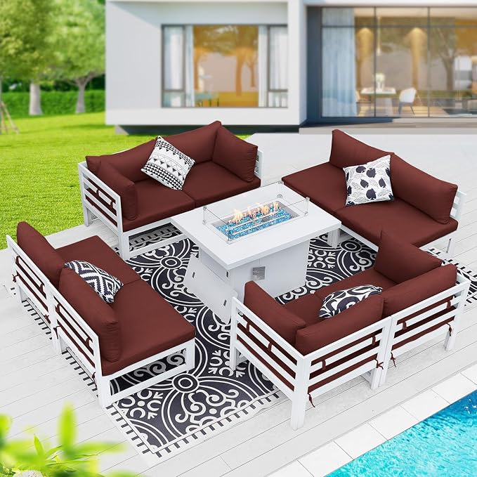 BULEXYARD 8 People Large Luxury Aluminum Patio Conversation Set with Fire Pit Table Propane/Gas, 29" Deep Wide U Shaped Sectional Couch, 500 lbs Heavy Duty All Weather Outdoor Sofa for Front Yard, Red