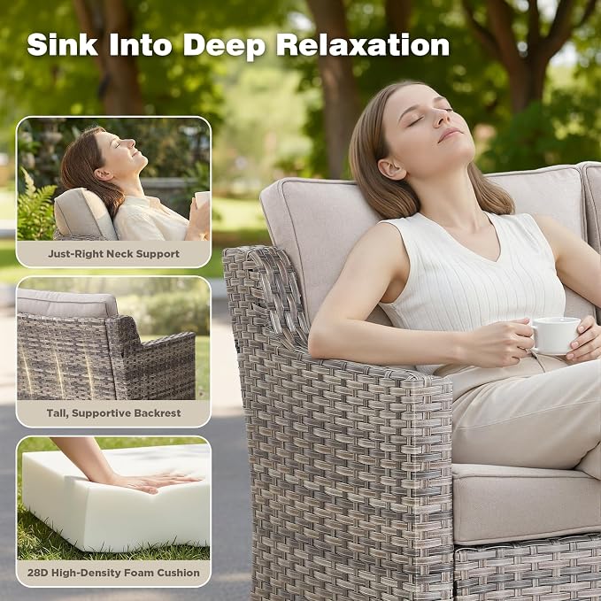 Belord Patio Wicker Swivel Rocker Patio Chairs with 3-Seater Sofa and 42.5" Fire Pit Table, Outdoor Furniture Set for Deck Porch Garden, 5 Piece Patio Conversation Furniture Set,Beige
