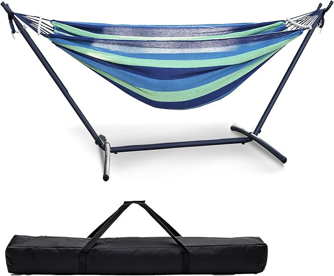 Double Hammock with Freestanding Steel Stand, Portable & Easy Setup, 550lb Capacity Heavy Duty for Patio, Garden,Backyard, Camping, Indoor & Outdoor - Includes Carry Bag (Blue Stripe)