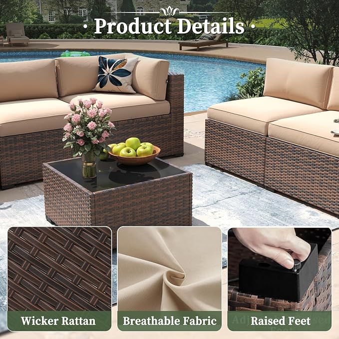 Aoxun 11 Piece Patio Furniture Set with 44” Fire Pit Table Wicker Rattan Outdoor Sectional Sofa Set with Coffee Table and Thickened Cushions, Beige