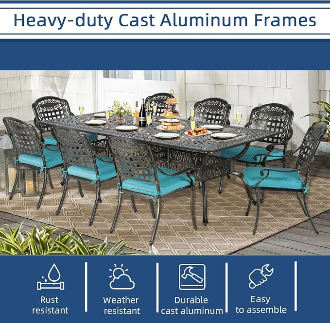 9-Piece Patio Cast Aluminum Dining Set, Outdoor Table and Chairs Set for 8, Includes 94.5" Rectangular Dining Table and 8 Cushioned Chairs with Umbrella Hole for Lawn Garden, Ocean Blue