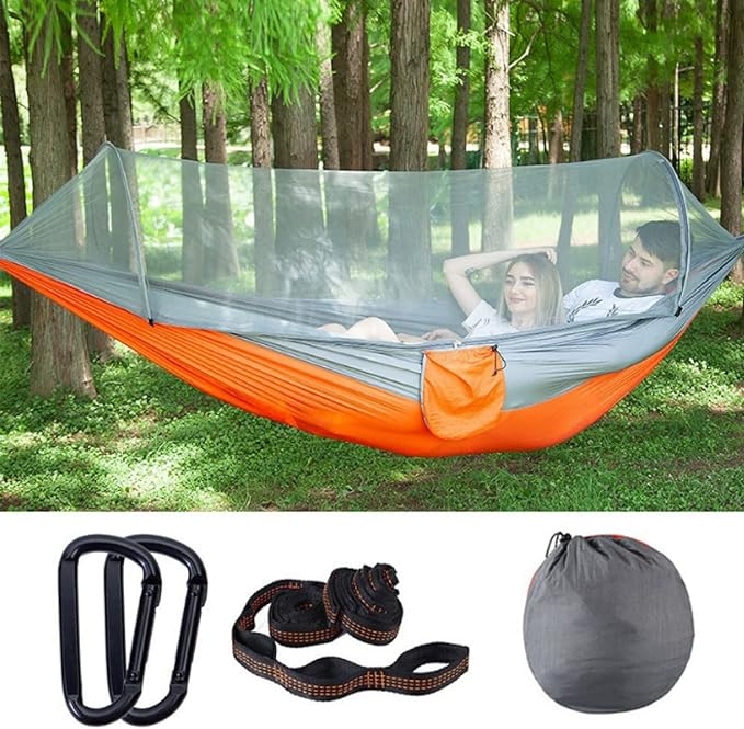 LOWFI Double Hammock Outdoor Sunshade Quick-Opening Rocking Bed Off The Ground Anti-Rollover Single Camping Double-personquickopeninggreyorangeupgradestrap