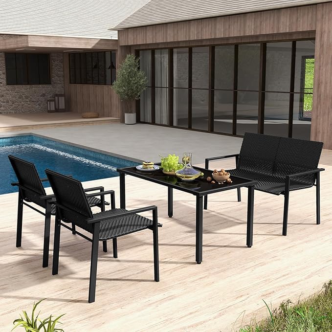 HAPPYGRILL 8 Pieces Wicker Patio Conversation Set with Coffee Table, PE Rattan Chairs with Galvanized Metal Frame, Outdoor Table and Chairs Set for Small Space, Balcony, Poolside, Backyard (Black)