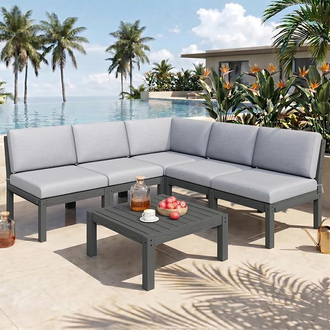Modular Outdoor Patio Conversation Set, 6-Piece L-Shaped Sectional Sofa Set with Coffee Tables & Thick Cushions, Easy Side Interlock, HIPS All-Weather Patio Furniture Set for Backyard, Deck, Poolside