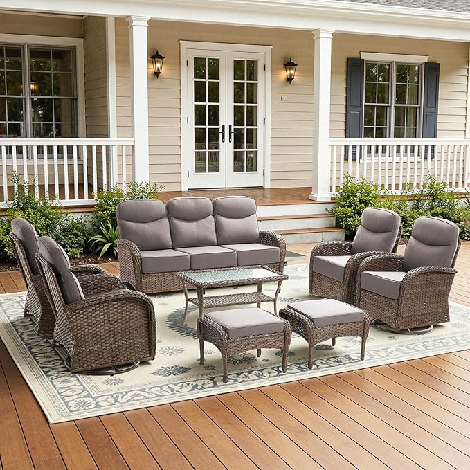 8-Piece Luxury Patio Furniture Set with 6-Inch Thick Cushions, High-Back Outdoor 4 Swivel Rocking Chairs with Wicker Coffee Table, All-Weather Conversation Set for Porch, Deck, Yard – Gray