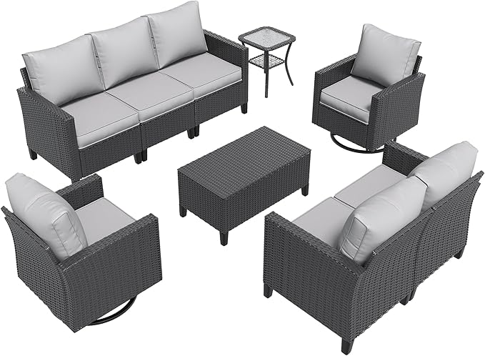 Amopatio Patio Furniture Set, 6-Piece Wicker Outdoor Sectional Sofa with Swivel Rocker Chairs, Rattan Conversation Set with Storage Coffee Table and Waterproof Cover for Backyard Black/Light Grey