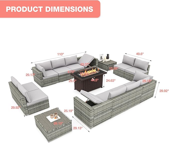 HOMREST 15 Pieces Outdoor Patio Furniture Set with 44" Propane Fire Pit Table, PE Rattan Sectional Sofa Conversation Set w/Adjustable Bracket, Wood Coffee Table for Backyard (Grey)