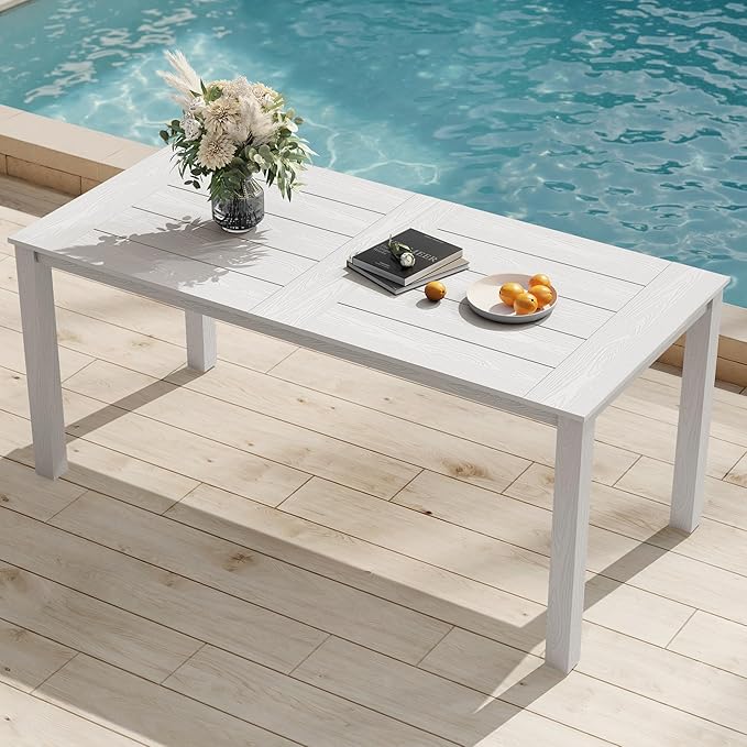 YEFU Outdoor Patio Table HIPS: 67" Rectangle Outdoor Dining Table with Umbrella Hole & Metal Aluminum Frame - All-Weather Patio Dining Table for 6 Modern Outside Furniture for Deck Garden White