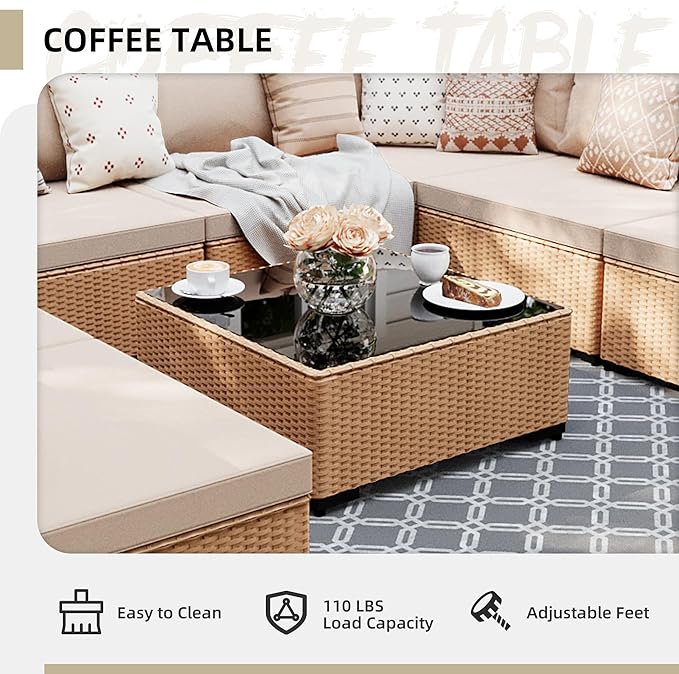 UPHA 9 Pieces Patio Furniture Sets, Wicker Outdoor Sectional Sofa Couch with Coffee Table, Patio Conversation Set for Deck Backyard Garden, Beige Rattan, Beige Cushion