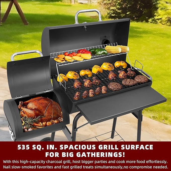 Charcoal Grill with Offset Smoker,BBQ Grills with Side Table,Outdoor Cooking with 535 Square Inches,Backyard Camping Picnics, Patio and Parties, Black by DNKMOR