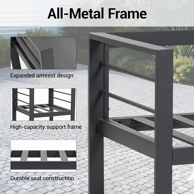 4 Piece Heavy Duty Metal Patio Furniture Set, Outdoor Conversation Set with High Weight Capacity, All-Weather Classic Iron Sofa with Coffee Table & Washable Thick Cushions for Deck, Porch, Grey