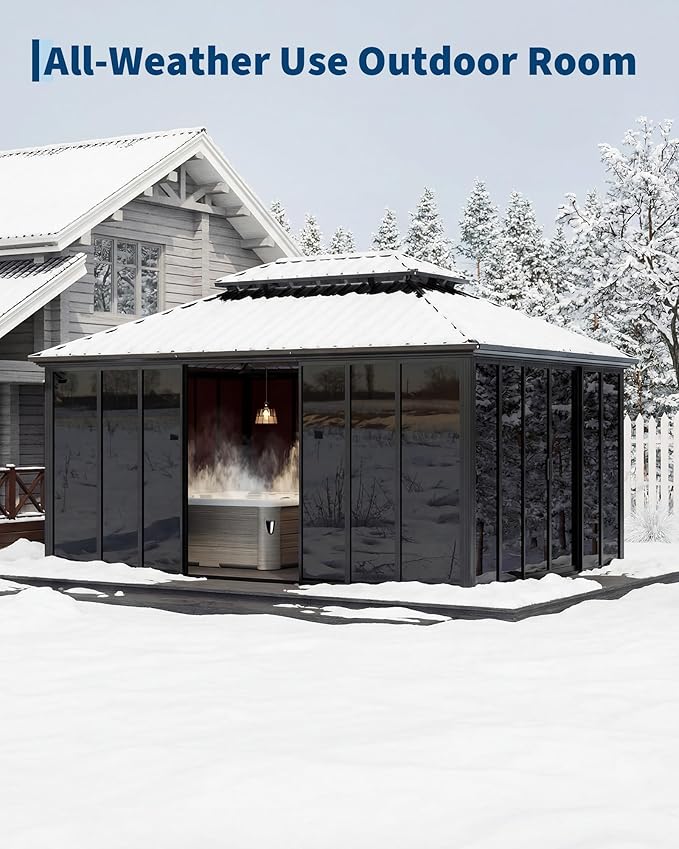 12x20 ft Hardtop Gazebo Sunroom, All-Season Outdoor Room with Aluminum Frame, Enclosed Patio Solarium with Polycarbonate Sliding Doors & Double Roof for Backyard, Deck, and Hot Tub Enclosure