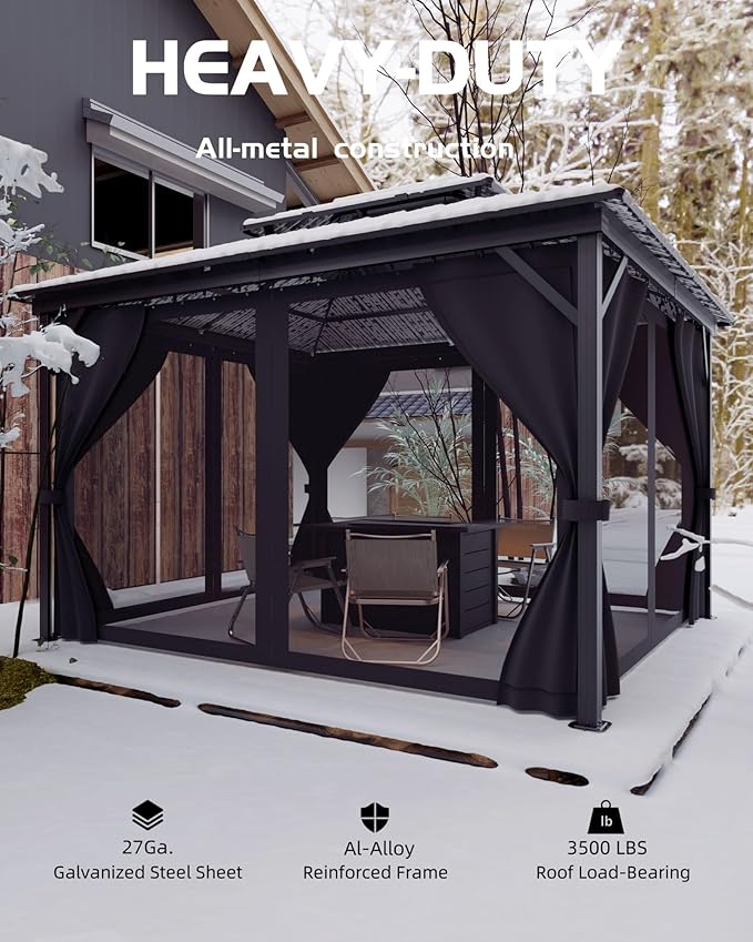 12'X14' Hardtop Gazebo with Double Steel Roof & Reinforced Aluminum Frame, Curtains & Mosquito Netting, Outdoor Permanent Pavilion for Patio, Backyard, Deck, Lawn, Garden, Gray