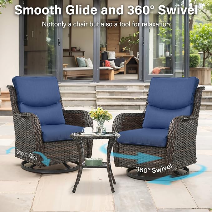 Outdoor Swivel Rocker Patio Chairs with 5" Thick Cushion - 3 Piece Wicker Bistro Set with Side Table, High Back Comfty Outdoor Glider Chairs for Balcony, Porch, Deck, Poolside - Brown-Blue