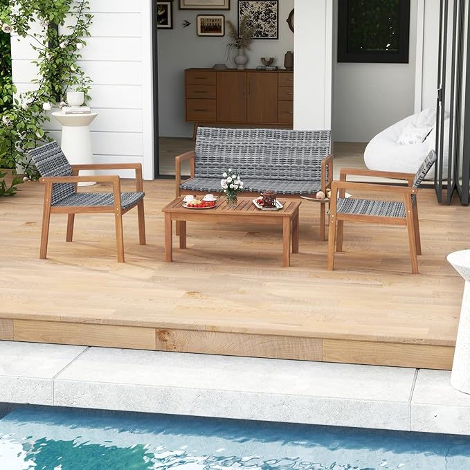 HAPPYGRILL 4-Piece Patio Furniture Set, PE Rattan Patio Bistro Set with Loveseat, Single Chairs & Coffee Table, Outdoor Acacia Wood Conversation Set for Garden, Backyard, Poolside & Porch