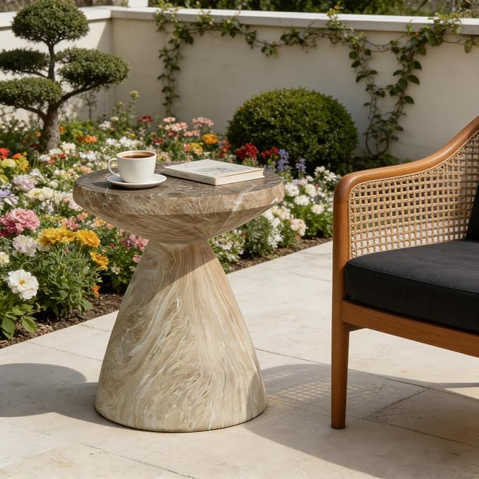 Outdoor Side Table, Faux Travertine Stone End Table, Magnesium Oxide Small Coffee Table, Multi‑Functional Garden Stool Plant Stand for Porch, Backyard Patio & Indoor 17.72"*20.87" Marble