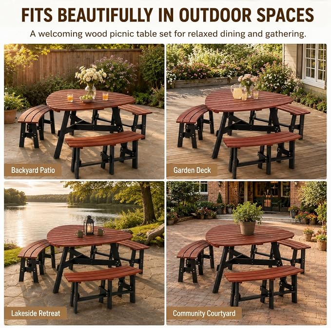6-Person Round-Style Outdoor Picnic Table with Umbrella Hole, Curved-Edge Patio Dining Table with 3 Attached Benches, Backyard Picnic Table Set for Garden, Deck, Lawn & Camping, Brown & Black