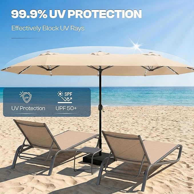 15FT Large Outdoor Patio Umbrella with Solar Lights and Base, Double-Sided Table Umbrellas with 48 LED Lights, Rectangle Market Umbrella for Pool, Deck, Backyard