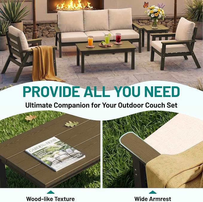 PLUUV 4-Piece HDPE Patio Sofa Set, All-Weather Outdoor Sectional Furniture with Thick Cushions, Modular Couch Set for Deck, Lawn, Brown Frame with Khaki Cushion