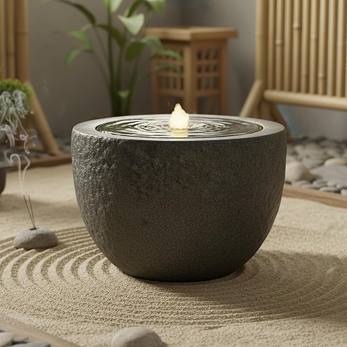Sunnydaze Outdoor Water Fountain with LED Light - Polystone Oval Bowl Bubbler Water Feature with Pump - 12" H - for Patio, Garden, Deck, Relaxation and Stress Relief - Gray