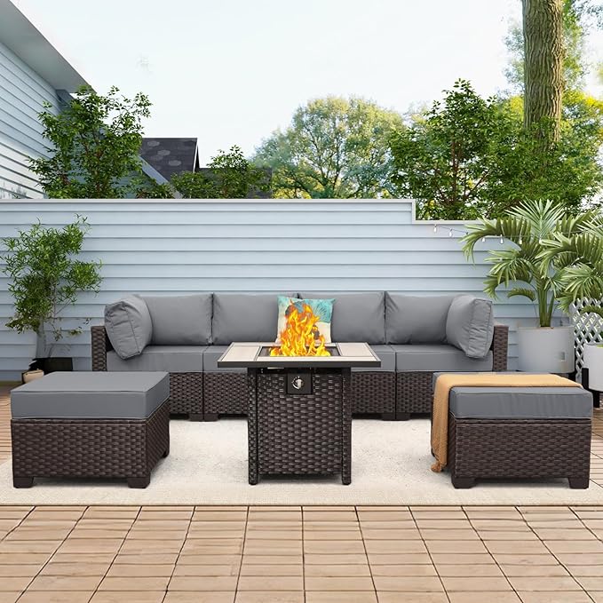 WAROOM Outdoor Patio Furniture Set 7 Pieces Wicker Sectional Sofa Brown Rattan Conversation Couch with Propane Fire Pit Table, Anti-Slip Thick Grey Cushion