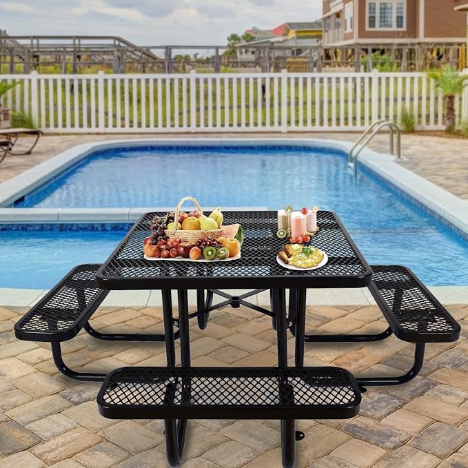 Heavy Duty Picnic Table for Outdoors 3200 lbs Load All Metal Dining Table with Umbrella Hole up to 1.5", Square Picnic Table for Commercial Camping Table with Benches, Black