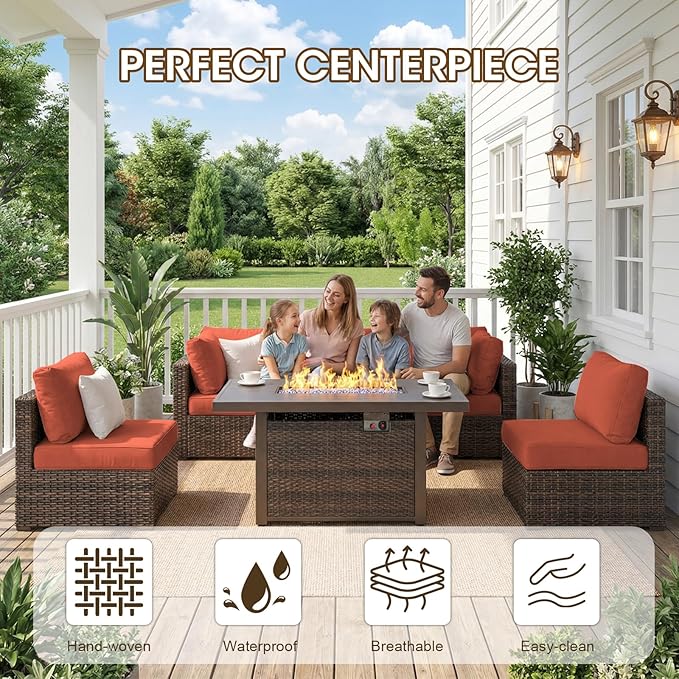 Grezone 7 Piece Patio Furniture Set with 44" Fire Pit Table, Outdoor Sectional Couch, PE Rattan Patio Conversation Sets with 4inch Cushions for Backyard Red