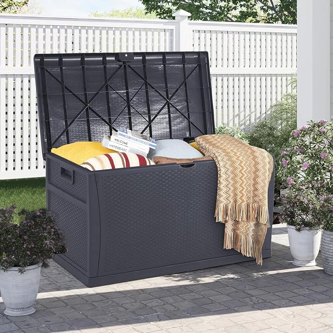 120 Gallon Resin Wicker Patio Storage Box, Outdoor Storage Container Deck Box and Gar, Grey