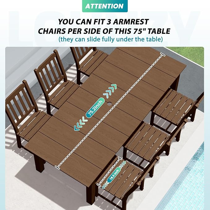 LOUNZY 9 Pieces Patio Dining Sets, Outdoor HDPE Furniture Set for 8 w/ 2" Hole Cut-Out Dining Table with 8 Armless Patio Chairs for Pool, Lawn and Garden,Brown