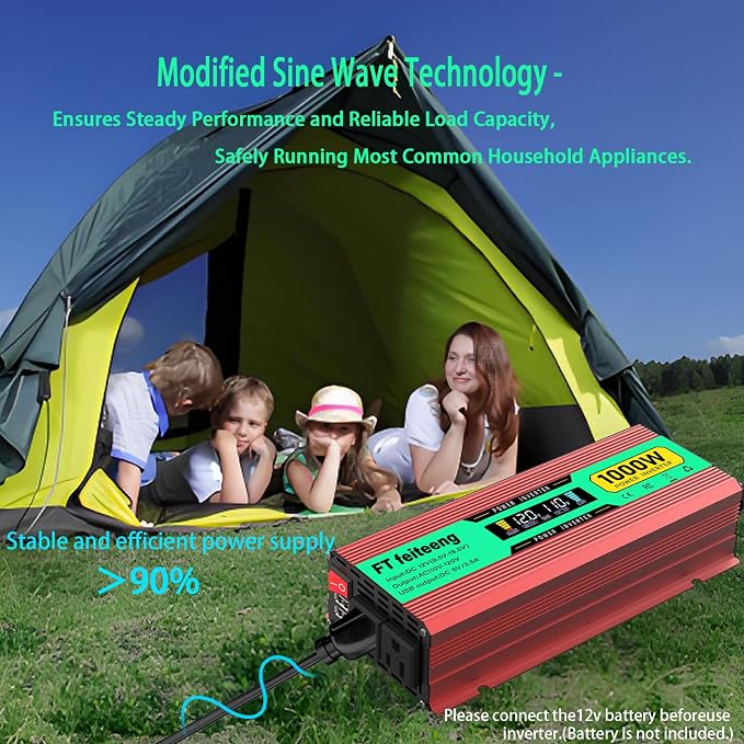 1000 Watt Power Inverter, 12V DC to 120V AC for Vehicles, Home Use Outdoor Camping Car Power Inverter with 2 AC Outlets, 2 USB Ports, Cooling Fan, Cables, LED Screen